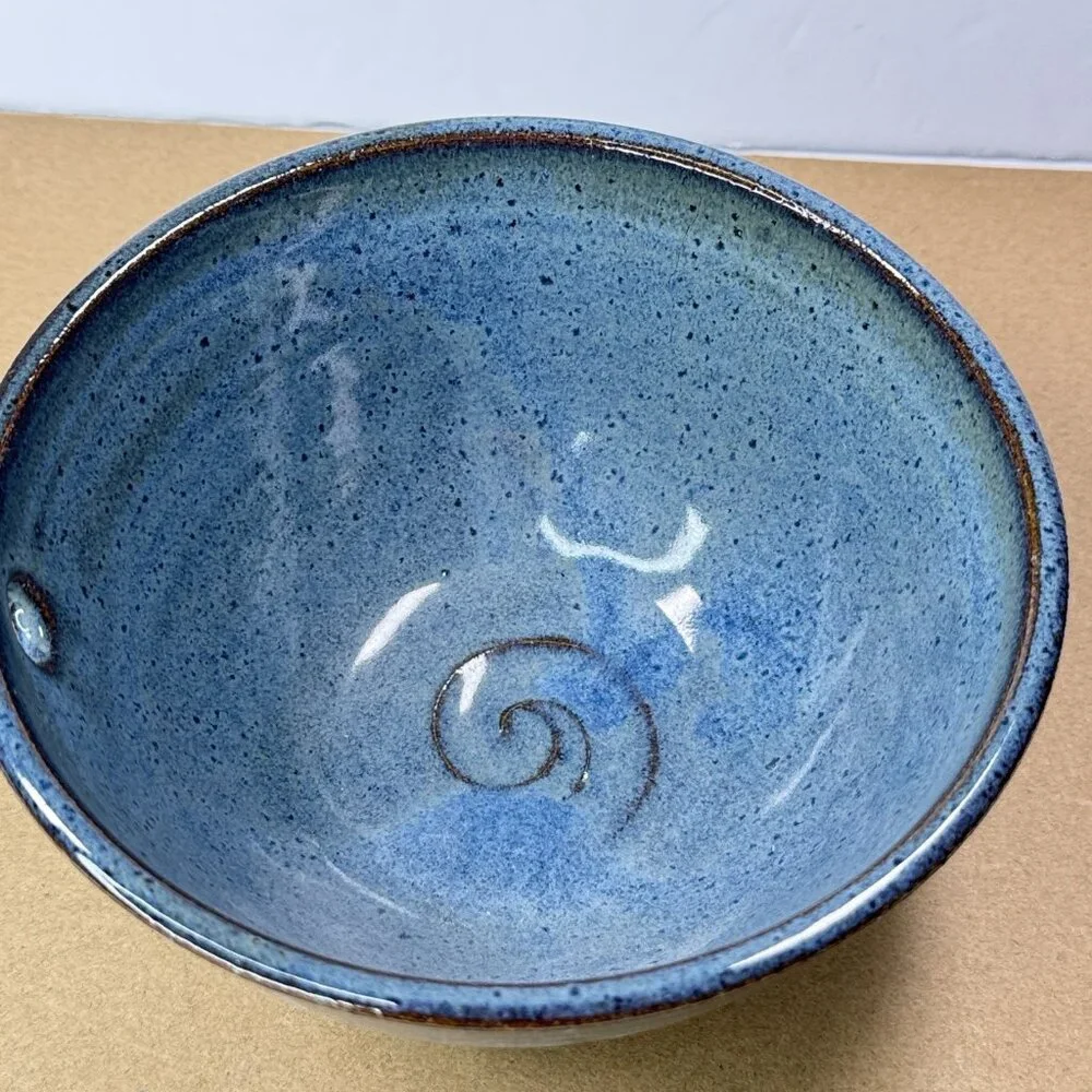 Two Dog Pottery Alaska Bowl Noodle Chopstick Blue Speckled Glazed Ceramic Swirl